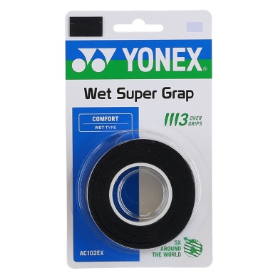 Yonex Overgrip Wet Super Grap 0.6mm (Komfort/gładki/lekko przyczepny) czarny 3 szt.